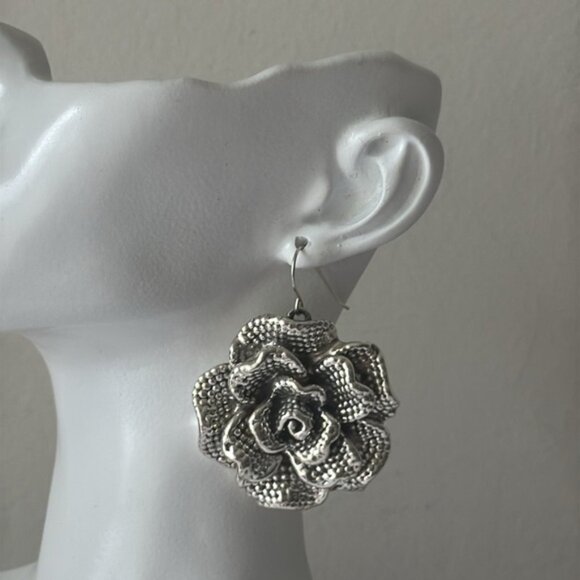E&L Sterling Silver Rose Flower Electroform Earrings Israel 2 3/8" - Picture 2 of 11